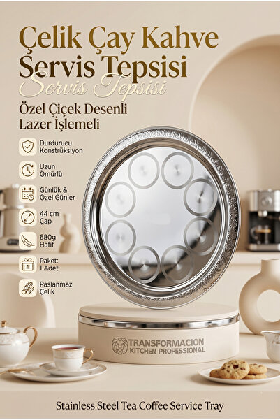 Transformacion Yuvarlak Sunum Tepsisi 44 cm - Paslanmaz Çelik Desenli Lazer İ...