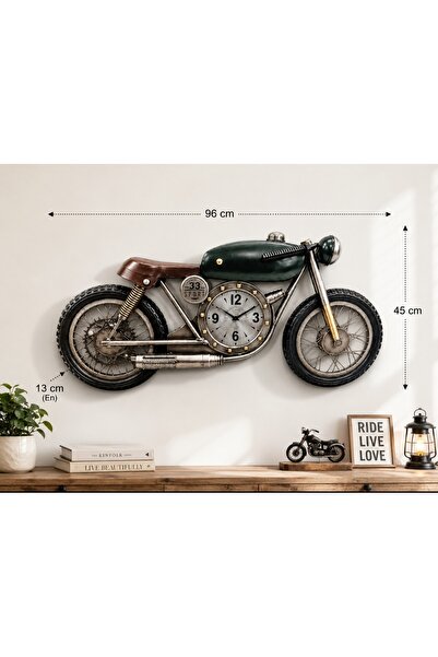 WoodBay Motorsiklet Tasarımlı Metal Duvar Saati 96x45 cm Dekoratif Büyük Boy ...