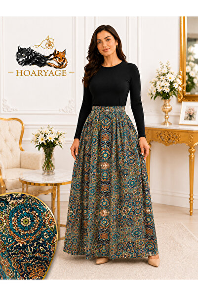 hoaryage Elastic Waist Ottoman Pattern Viscose Fabric Maxi Size Mother's Skir...