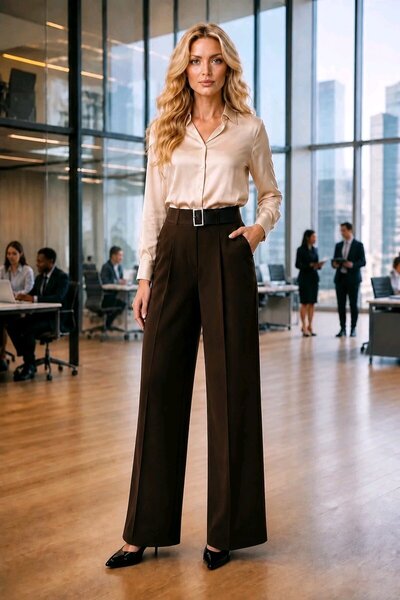 hies Pants + Belt, Elastic-Free Waist High Waist Wide Leg Palazzo Half Placke...