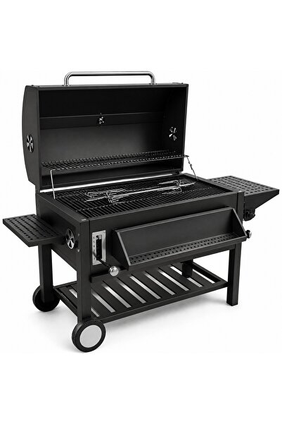 Generic Large Rectangular Charcoal Grill with Black Rotisserie Spit Rotator