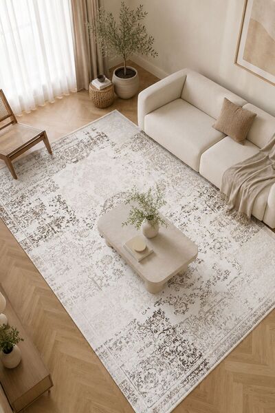Oriente Home Talya Serisi Krem Retro Yıkanabilir Kaymaz Taban Şönil Salon Hal...