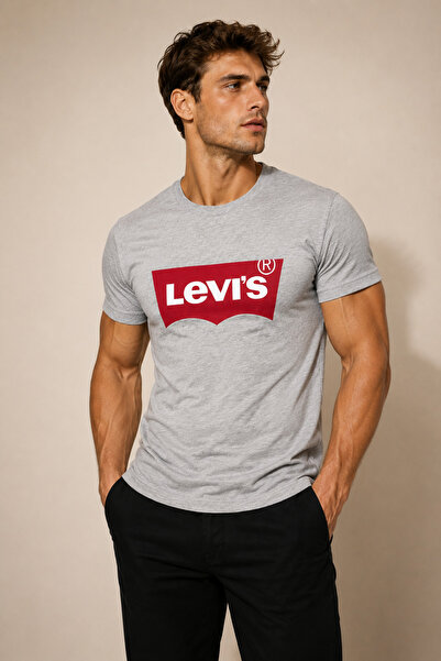 Levi's تي شيرت رجالي من القطن الخالص ذو تصميم جرافيك وياقة مطوية باللون الرمادي