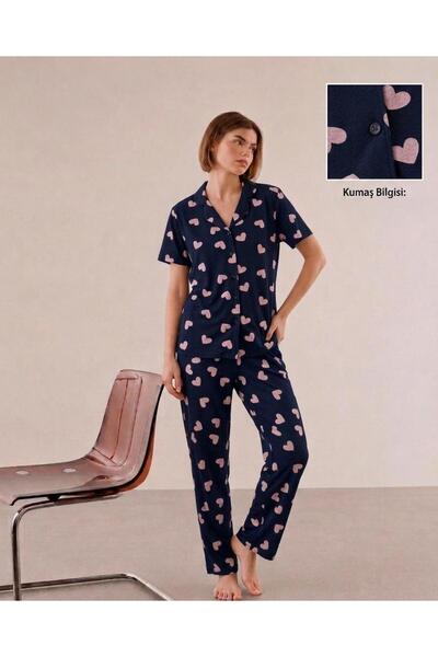 sleeproom Navy Blue Large Heart Patterned Pajama Set