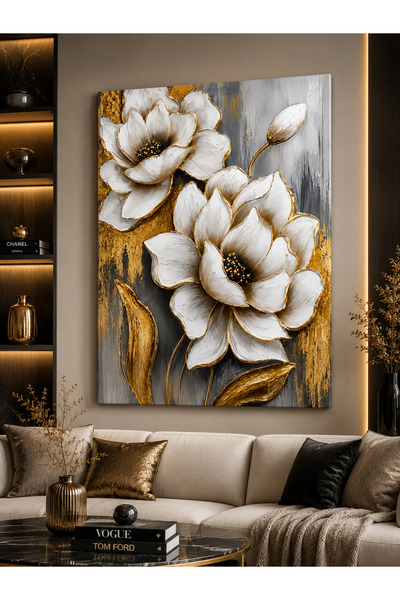TRADE AYS Gold Modern Tasarım Çiçek Dekoratif Kanvas Duvar Tablo
