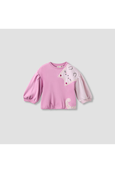 Juniors Girls Round Neck Sweatshirt with Cat Applique - Long Sleeves