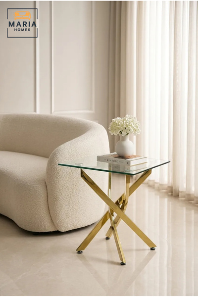 MARIA HOMES Modern Gold Glass Side Table – Square Tempered Glass End Table wi...