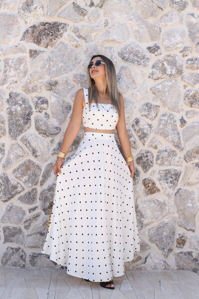bytugcekaya طقم تنورة بوليستر منقط بلون إكرو