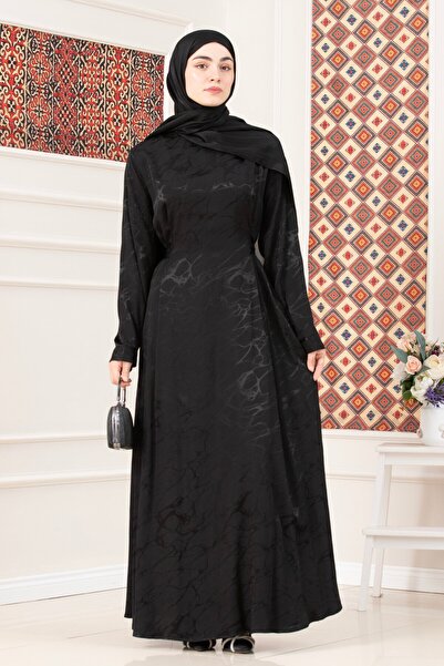 Sevitli Tie-Waist Jacquard Evening Dress-Black