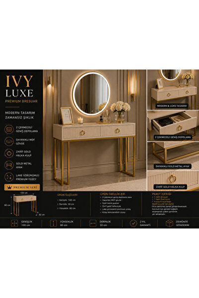 Genel Markalar IVY LUXE Premium Dresuar Gold Detaylı Aynalı MDF Modern Tasarım