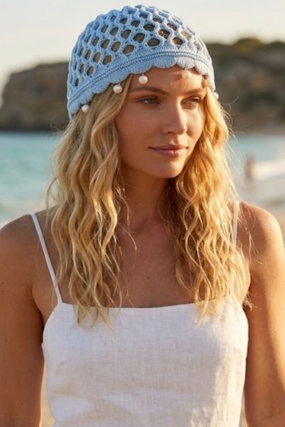 CAŞ DEKORASYON Blue Color Pearl Mesh Knitted Hair Bandana Hat