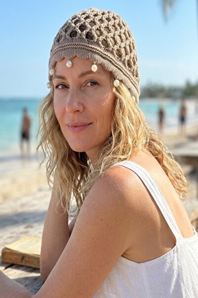 CAŞ DEKORASYON Brown Pearl Mesh Knitted Hair Bandana Hat
