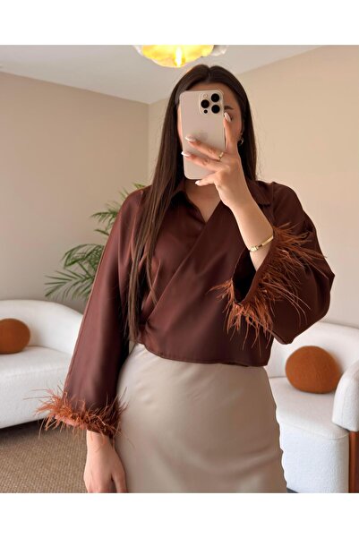 FLOU BUTİK OTRİŞLİ KAHVE SATEN GÖMLEK