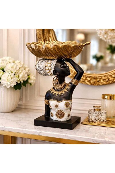 Vivendo Statueta decorativa femeie africana cu bol auriu 22.5 x 11.3 x 27.5 cm