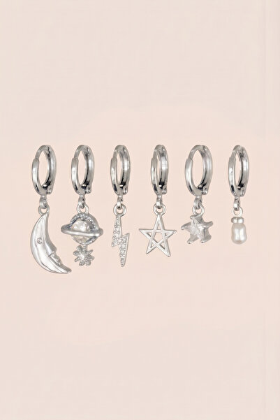 Hetra Silver Color Zircon Stone Star Moon Saturn Lightning Dangle 6-Piece Hoo...