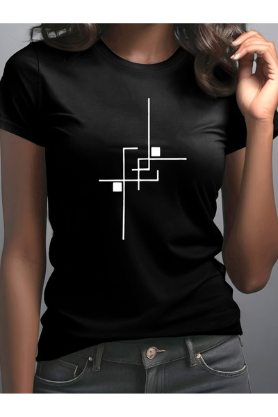 121 Women's Trendy Round Neck Short Sleeve T-Shirt, Abstract Geometric Design...