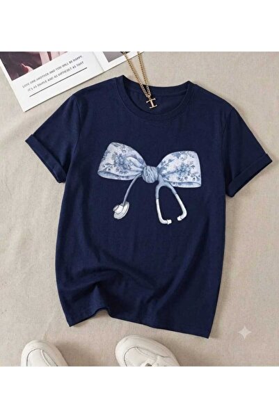 KOZİA OUTDOORS Women's Stethoscope Ribbon Printed Oversized Crew Neck T-Shirt