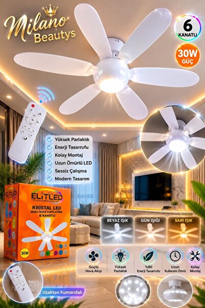 MİLANO BEAUTYS Kristal LED Işıklı Tavan Vantilatörü 6 Kanatlı Kumandalı 30W E...