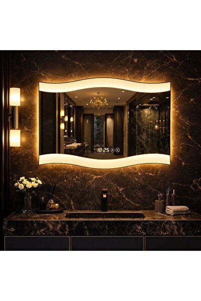 Vivendo Oglinda LED 60 x 80 cm cu Design Ondulat, Ceas si Dezaburire
