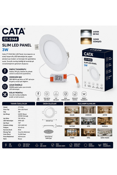 Cata CT-5144 Slim LED Panel 3W Sıva Altı Yuvarlak LED Spot Beyaz