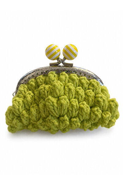 lunera Hand Knitted Neon Light Green Coin Purse with Yellow Beads and Clip, 1...