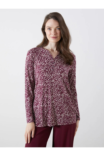 LC Waikiki Burgundy Mock Neck Patterned Blouse