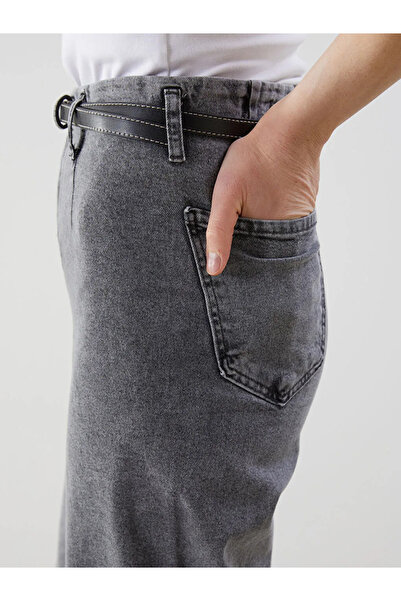 LC Waikiki Gray Wideleg Women's Jean Pants with Belt at the Waist