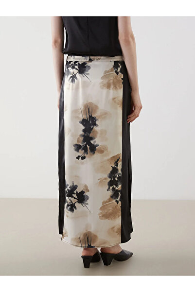 LC Waikiki Black Waist Zippered Patterned Satin Skirt