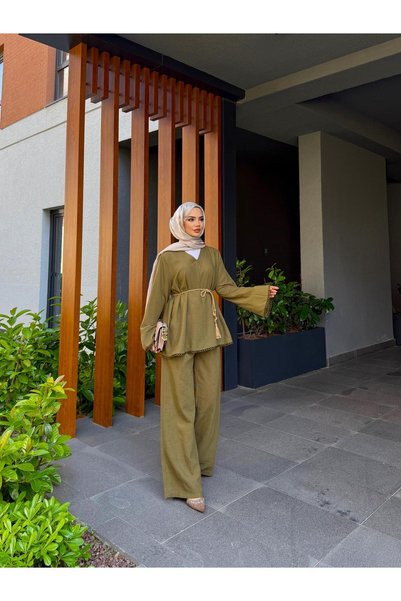 TANISA Haki Güpür Detaylı İkili Keten Takım TNS-4407
