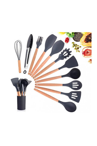 Vivendo Set 12 ustensile de gatit din silicon, maner rezistent din bambus