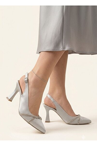Gönbeler Silver Satin Stone Goblet Heeled Shoes 7 cm Open Back Slingback Even...