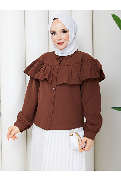MİHRİZAR Women's Hijab Ruffled Flounce Detailed Long Sleeve Shirt Blouse