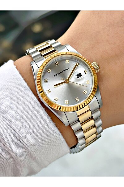 Navimarine Special Design Calendar Silver-Gold Color Steel Cord Women Wrist W...