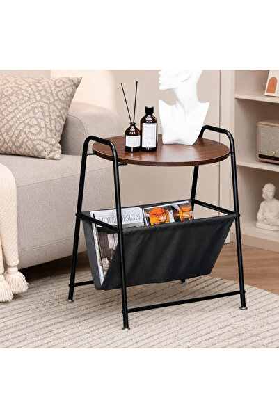 Vivendo Masuta laterala cu blat rotund aspect lemn, suport textil pentru revi...