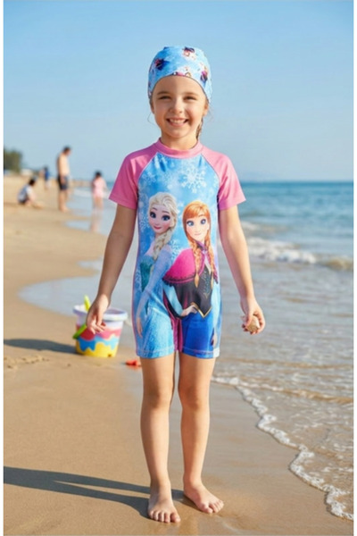 MAVİ BONCUKK Girl's Short Sleeve Marine Swimsuit Jumpsuit Swimsuit Suitable f...