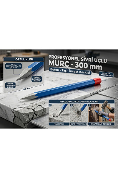 EMİRHANNALBUR Profesyonel Sivri Uçlu Murç Mavi 300 mm Beton Taş İnşaat Keskisi