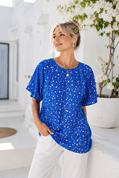 Rich Women's Blue Patterned Short Sleeve Tunic Blouse