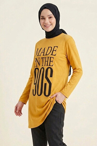 TOFİSA Printed Long Sleeve Tunic Mustard - 2112-Hardal