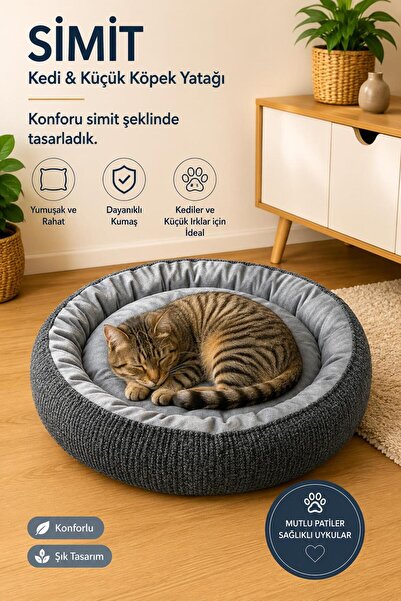 Glipet Kedi ve Küçük Irk Köpek Yatağı Yumuşak Minderli Simit Pet Yatağı Antrasit
