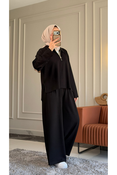 Suede Style 6490 - طقم نسائي أنيق ومريح من قماش مودال محبوك بياقة قميص وسحاب