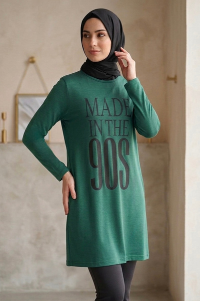 TOFİSA Printed Long Sleeve Tunic Emerald - 2112-Zumrut