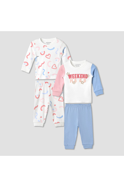 Juniors Printed Long Sleeve T-shirts and Pyjamas - Set of 2