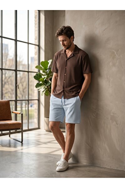 Altamira Men's Summer Short Sleeve Shirt Shorts Set Baby Brown-Baby Blue