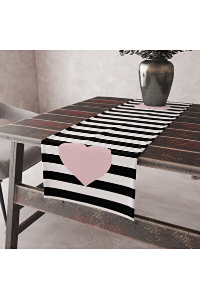 Alkan Homes 45×140 cm Black Striped Powder Colored Heart Decorative Tableclot...
