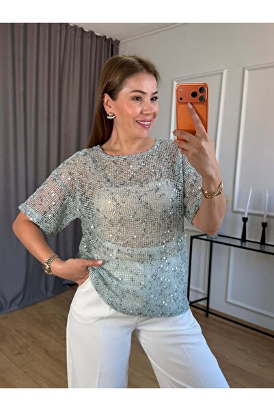 Size Özgü Mint Yeşili Pullu File Bluz