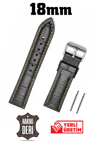 Saatse Black Crocodile Tan Stitched Curved Genuine Leather Watch Band Strap
