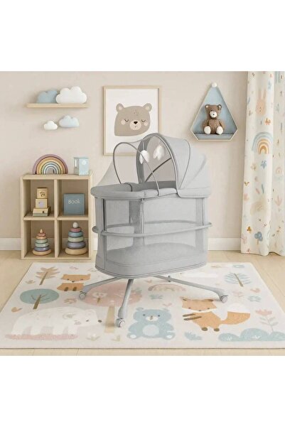 Baby day سرير أطفال مع مظلة وارتفاع قابل للتعديل وعجلات دوارة - رمادي -ماستيل...
