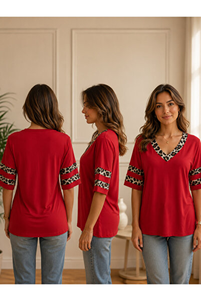 Kokosh moda Numele tău este Leopard Detailed V-Neck Comfortable Fit Bluză
