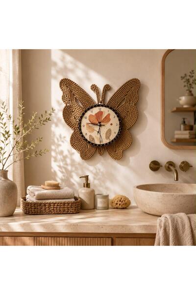 home inn Kelebek Tasarımlı Hasır Görünümlü Duvar Saati 49 cm | Bohem Dekorati...