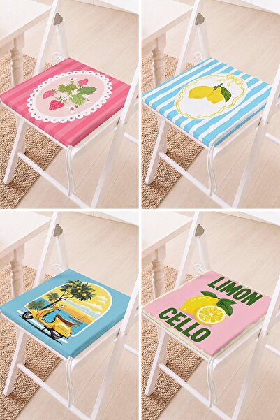 Home Set of 4 Lemon and Strawberry Patterned Written Lace-Up Chair Cushions K...